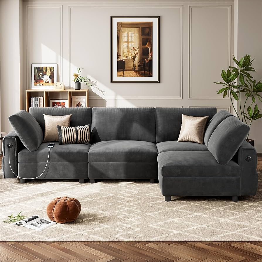 Modern Gray Velvet Sectional Sofa