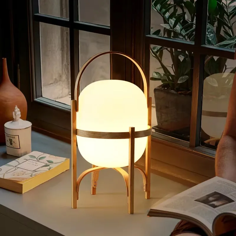 Natural Wood and Glass Lantern Table Lamp