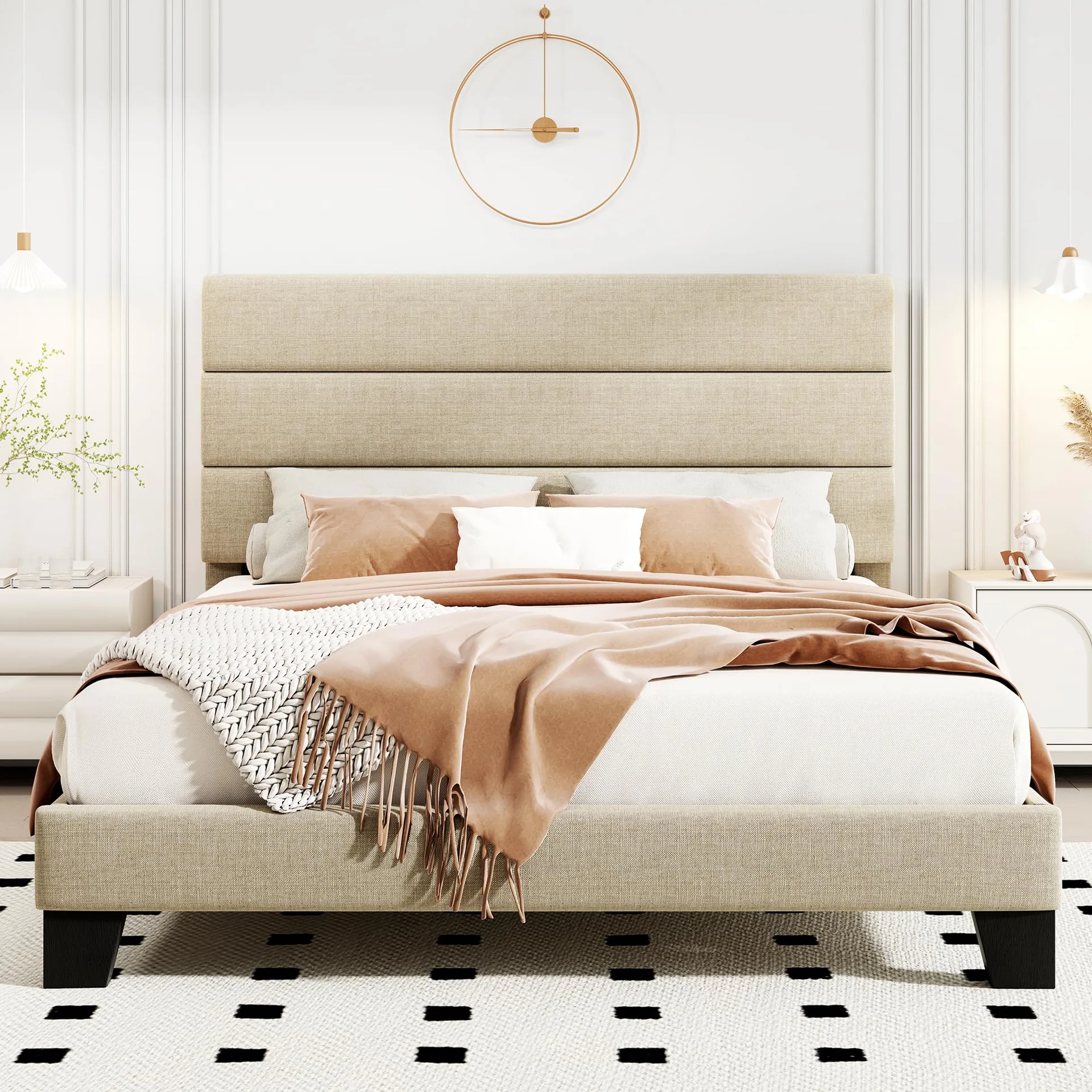 Beige Fabric Upholstered Platform Bed