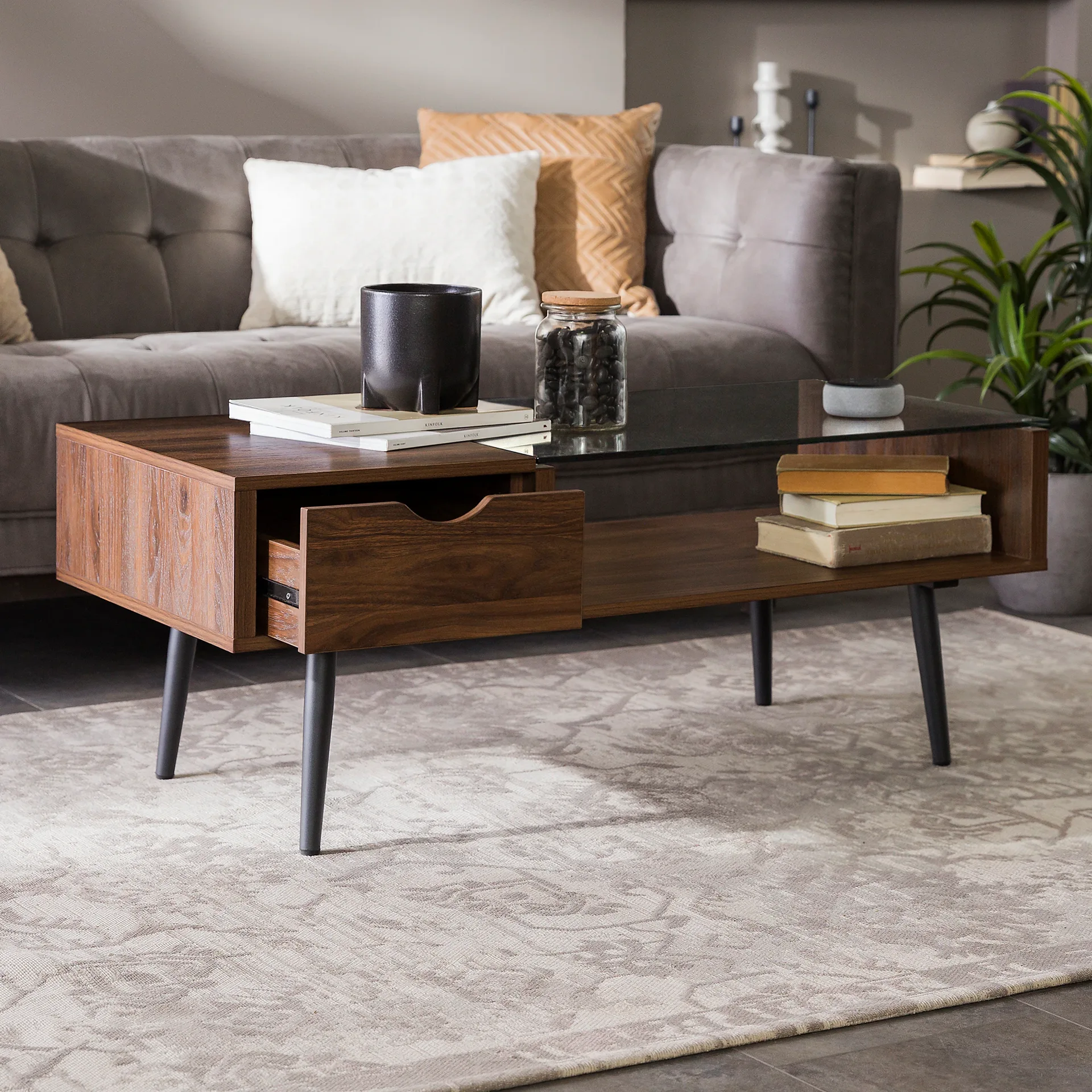 Mid-Century Rectangular Walnut and Glass Coffee Table