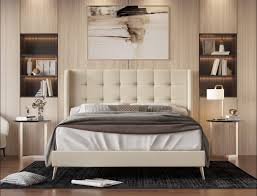 Beige Wingback Tufted Bed – Queen or King