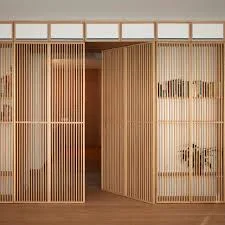 Natural Wood Slat Sliding Room Divider
