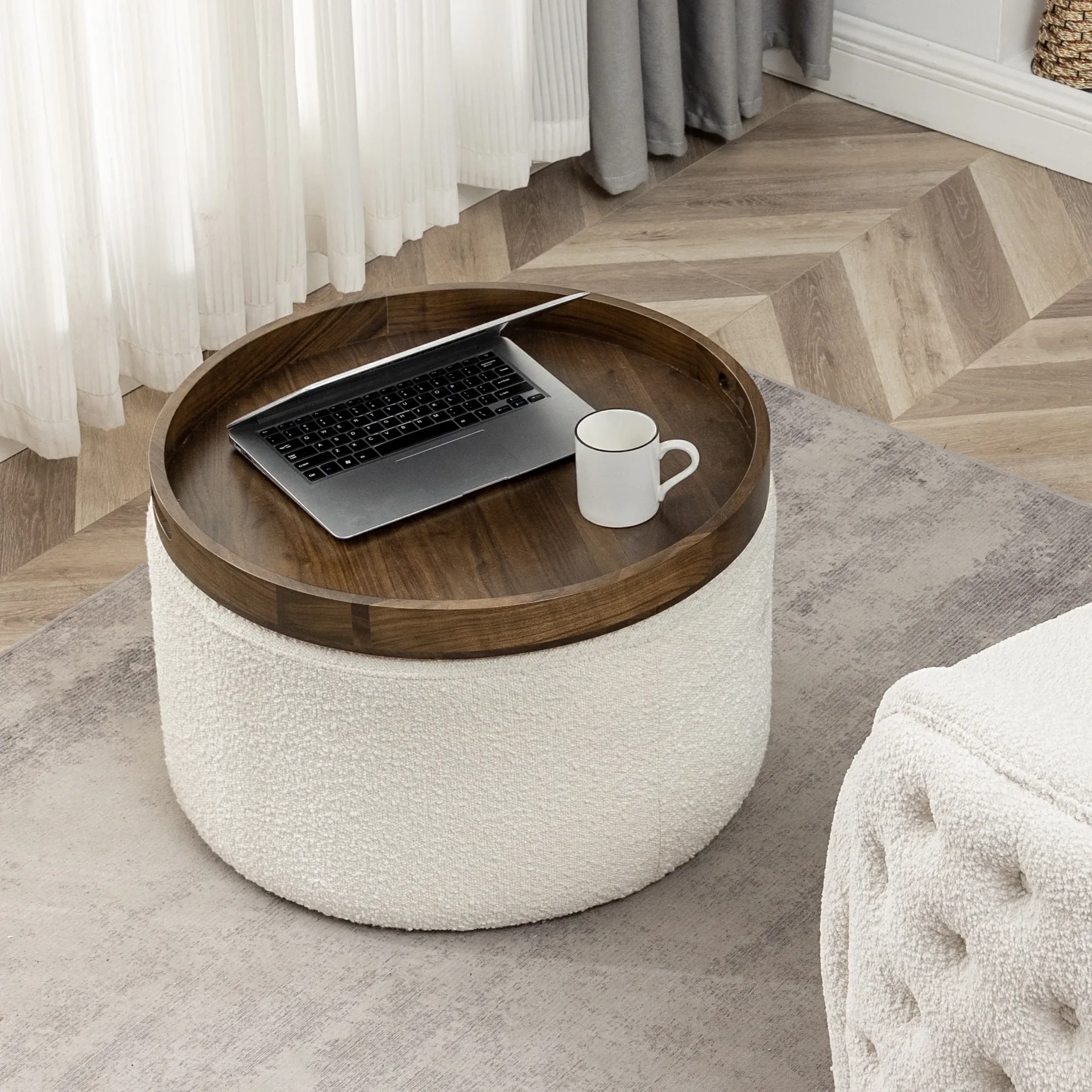 Round Boucle Upholstered Storage Ottoman Coffee Table