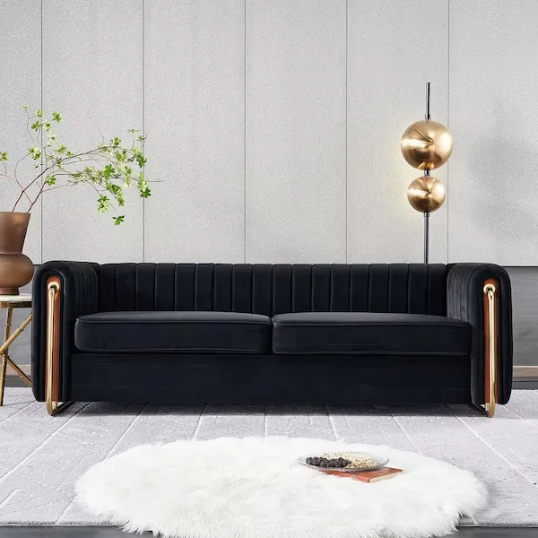 Black Velvet Channel Tufted Sofa