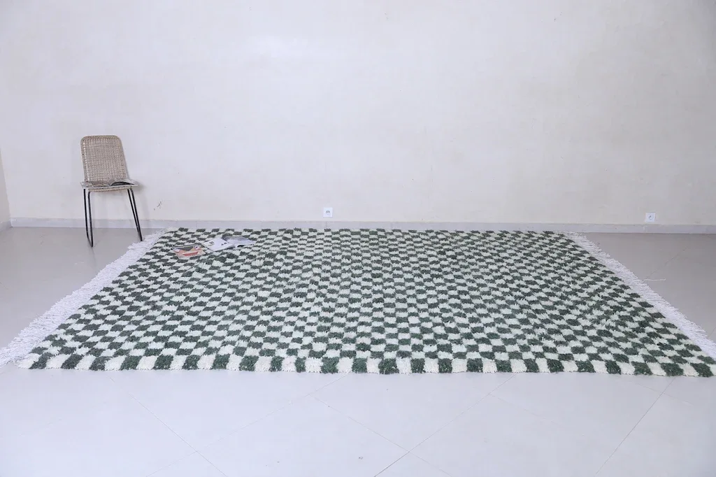 Green and White Moroccan Checkered Area Rug