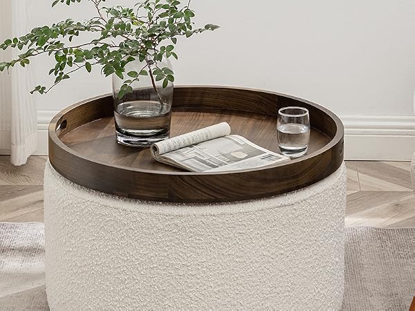 Round Upholstered Storage Ottoman Coffee Table