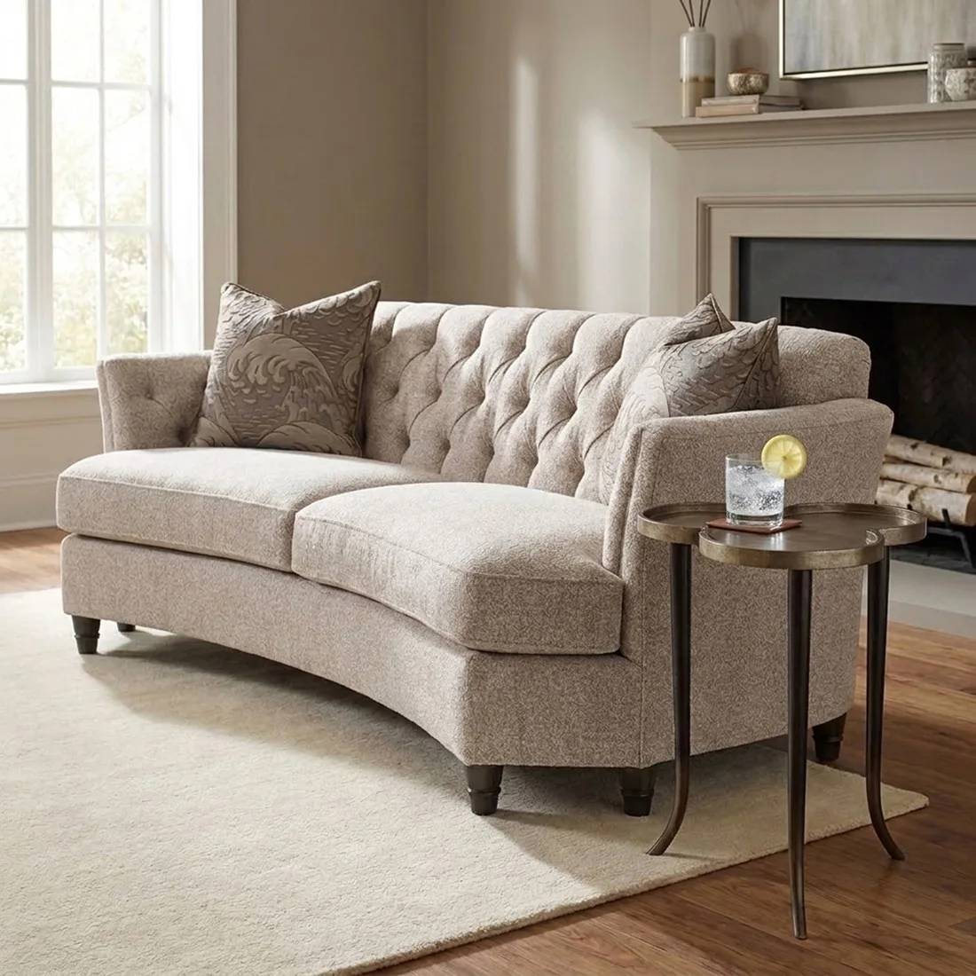 Tufted Beige Curved Sofa