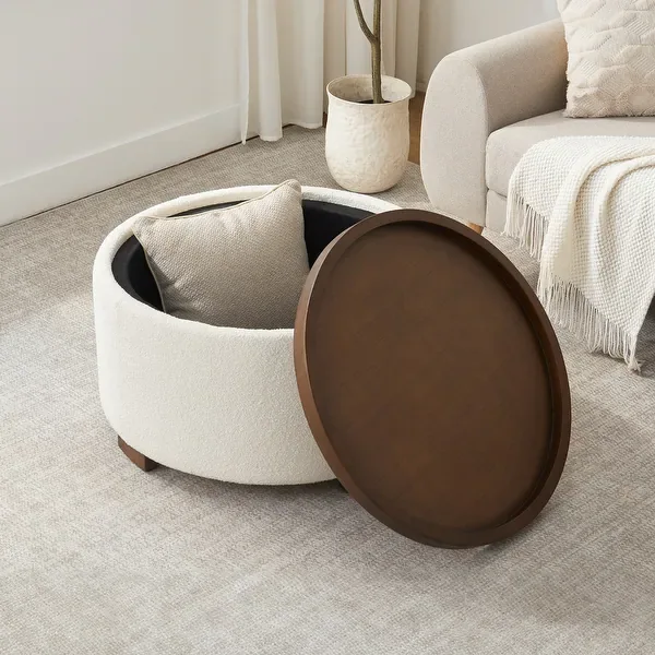 Round Upholstered Storage Ottoman Coffee Table