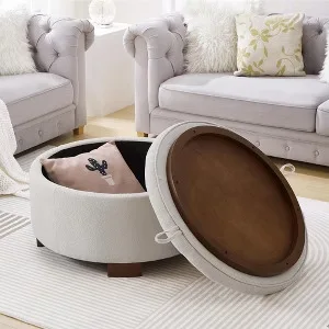 Round Upholstered Storage Ottoman Coffee Table