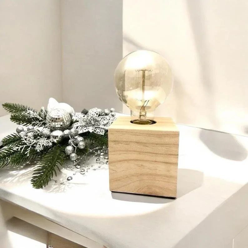 Wood Edison Bedside Lamp: Rustic Cube Table Lamp