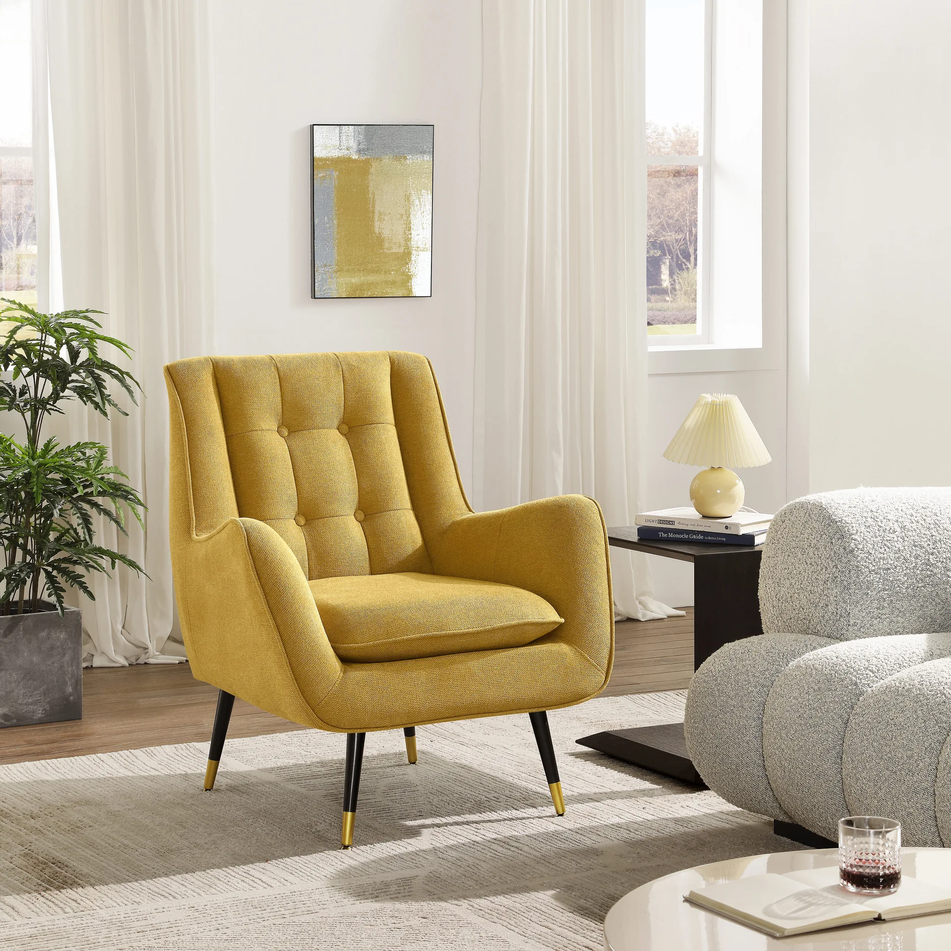 Art Leon Midcentury Yellow Velvet Club Chair SF021-YELLOW at Lowes.com