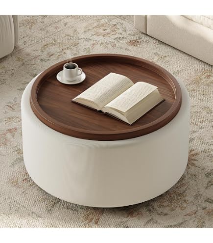 Round Upholstered Storage Ottoman Coffee Table