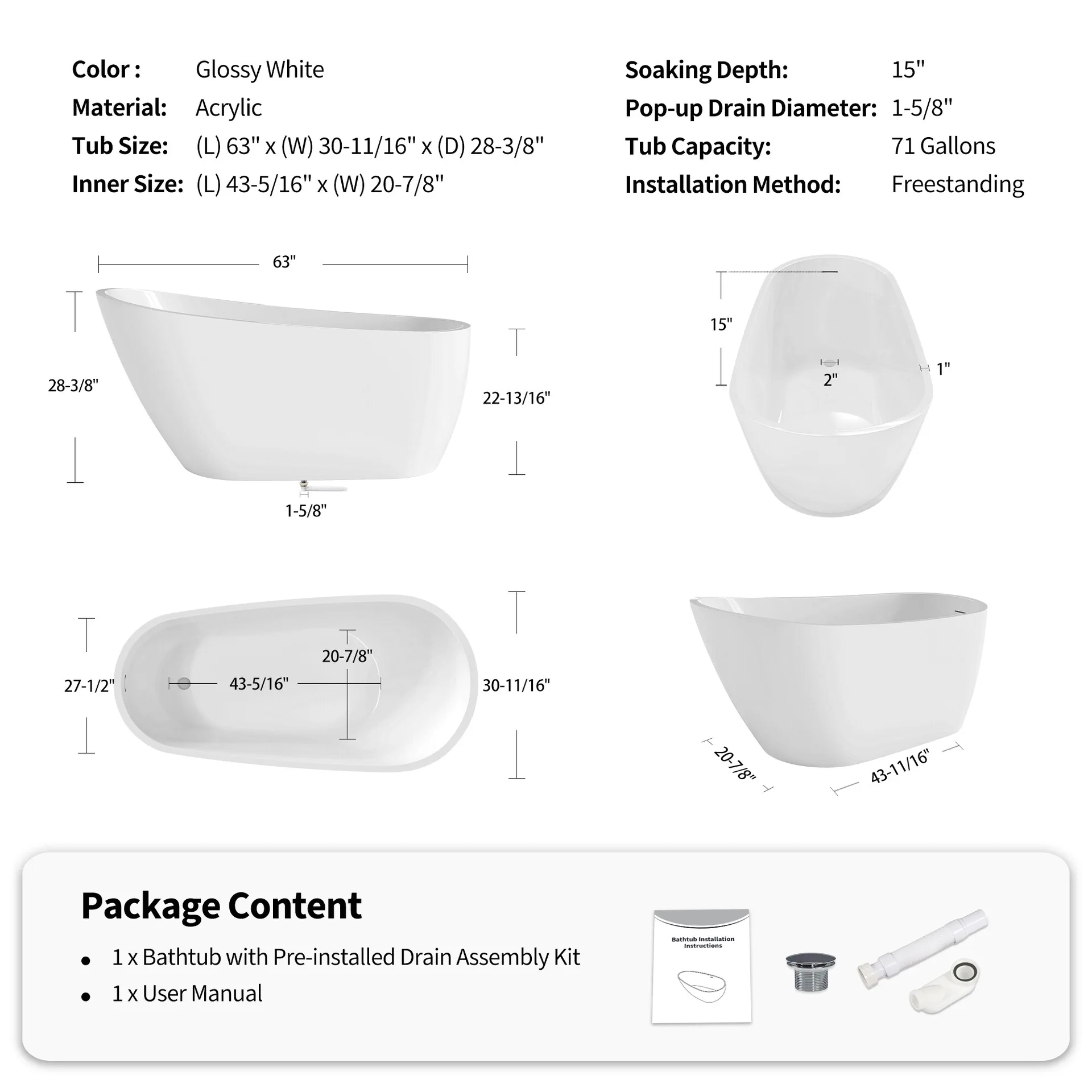 Glossy White Acrylic Freestanding Bathtub