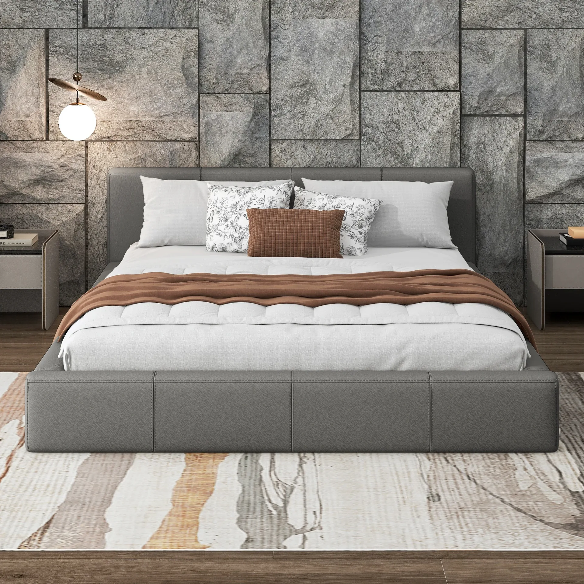 Low-Profile Platform Bed Gray Upholstered Low-Profile Bed