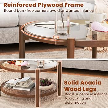 Round Glass and Rattan Coffee Table