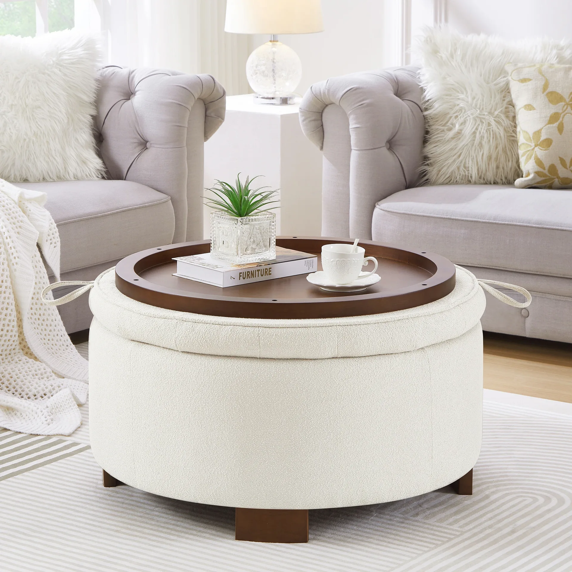Round Boucle Upholstered Storage Ottoman Coffee Table