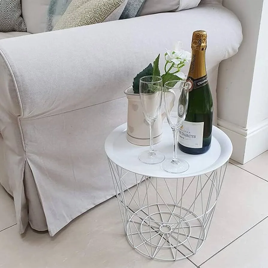White Round Wire Basket Side Table