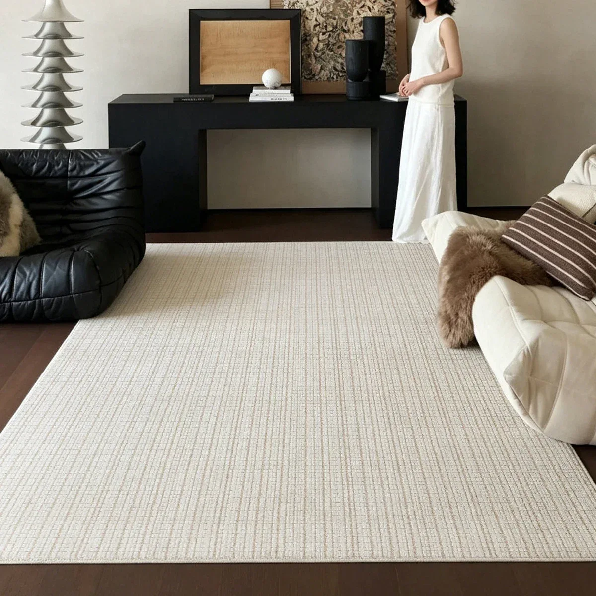 Cream Ribbed Wool Area Rug