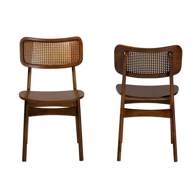 Tafari Mid-Century Modern Walnut and Rattan Dining Chair