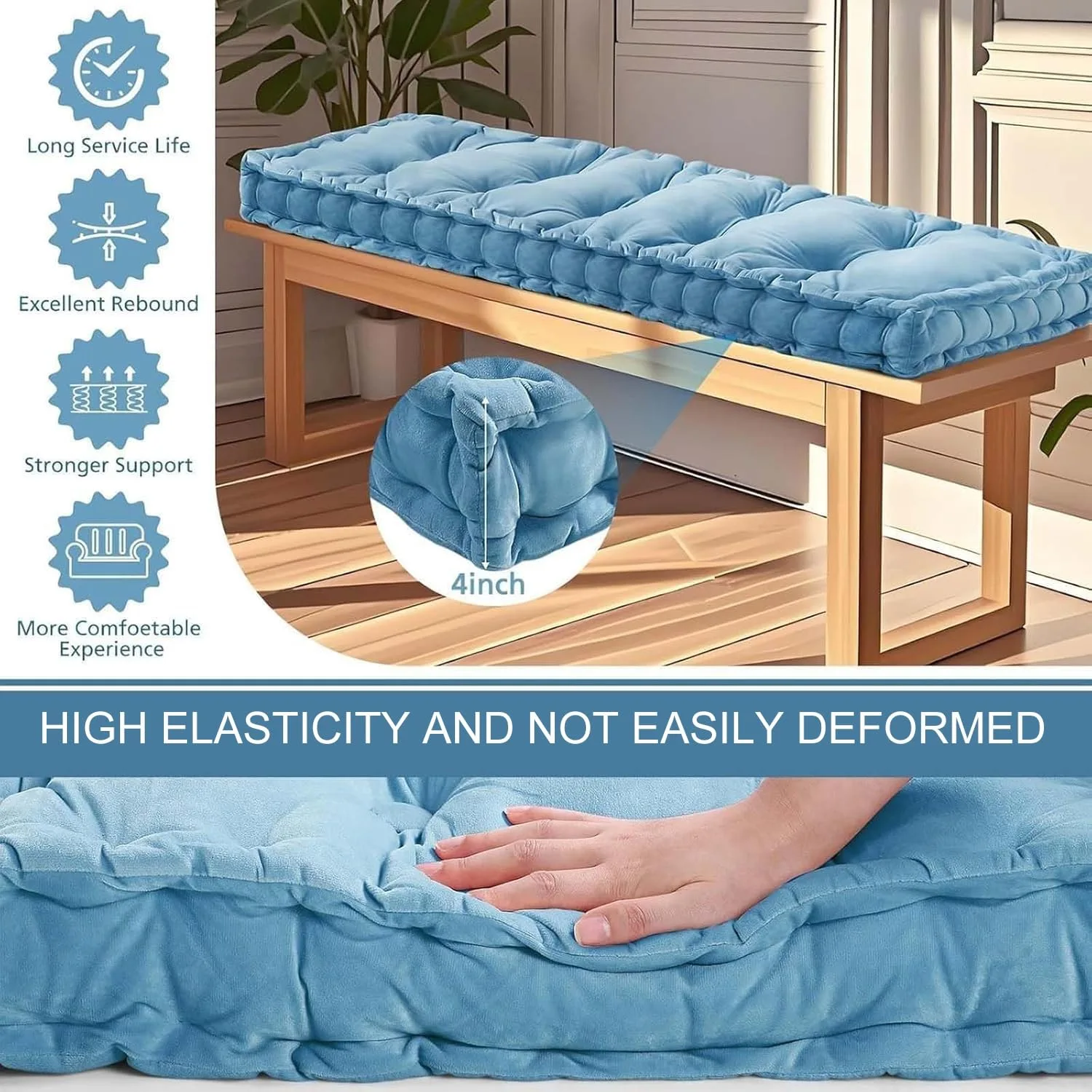 Solid Blue Rectangular Bench Cushion