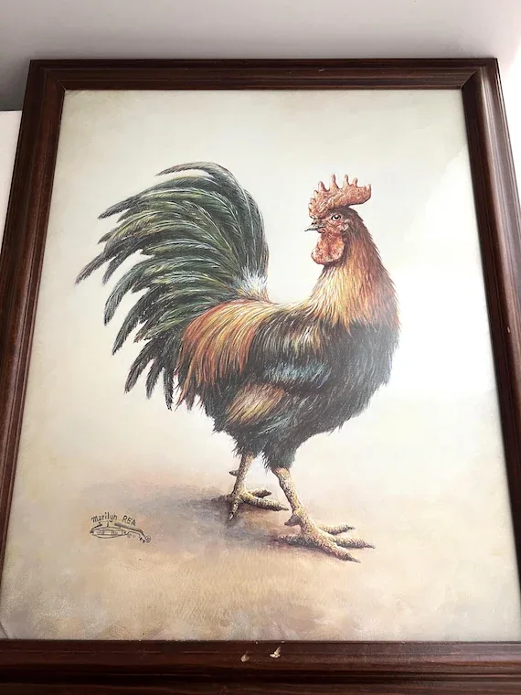 Vintage Framed Art Rooster / Signed Marilyn Rea