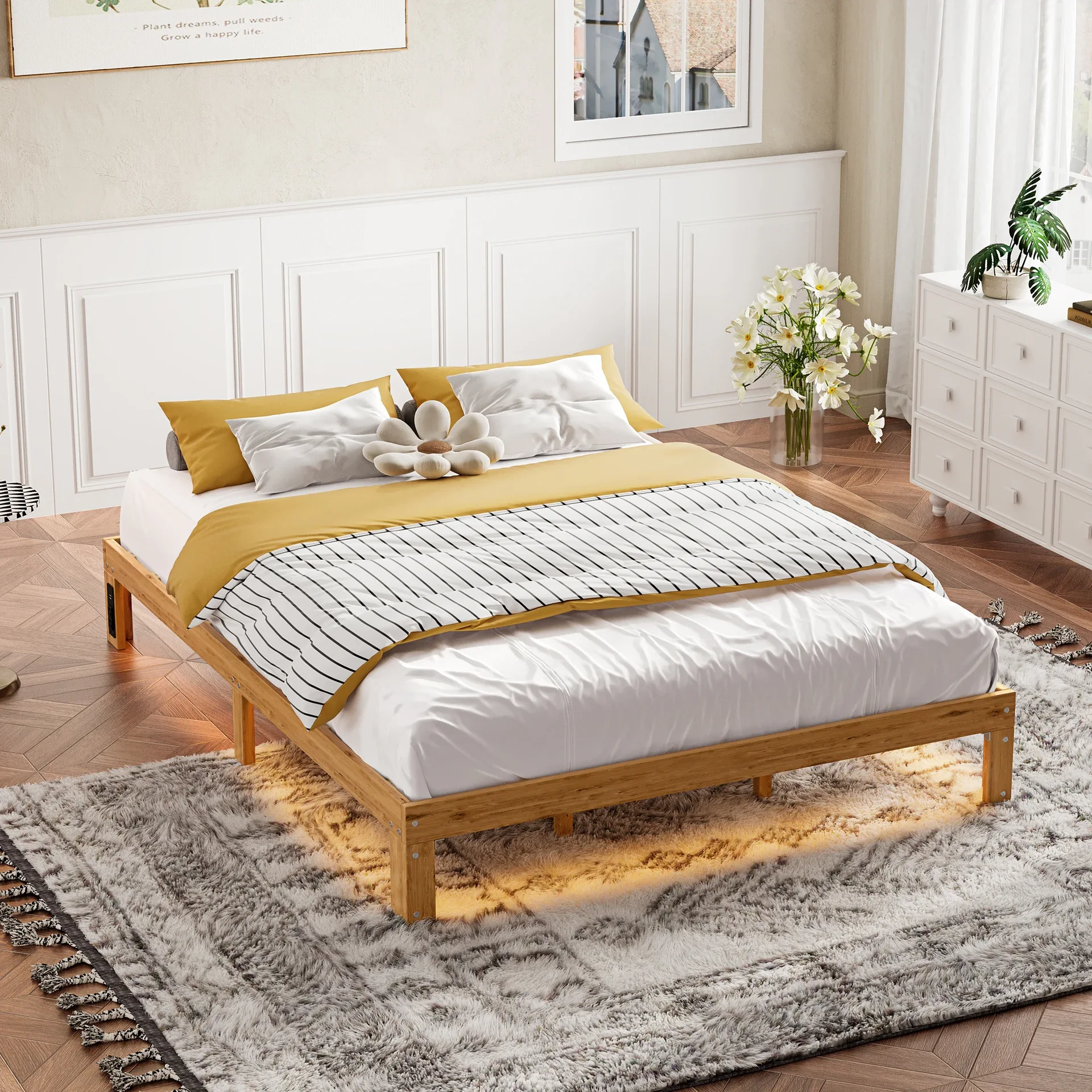 Natural Wooden Platform Bed