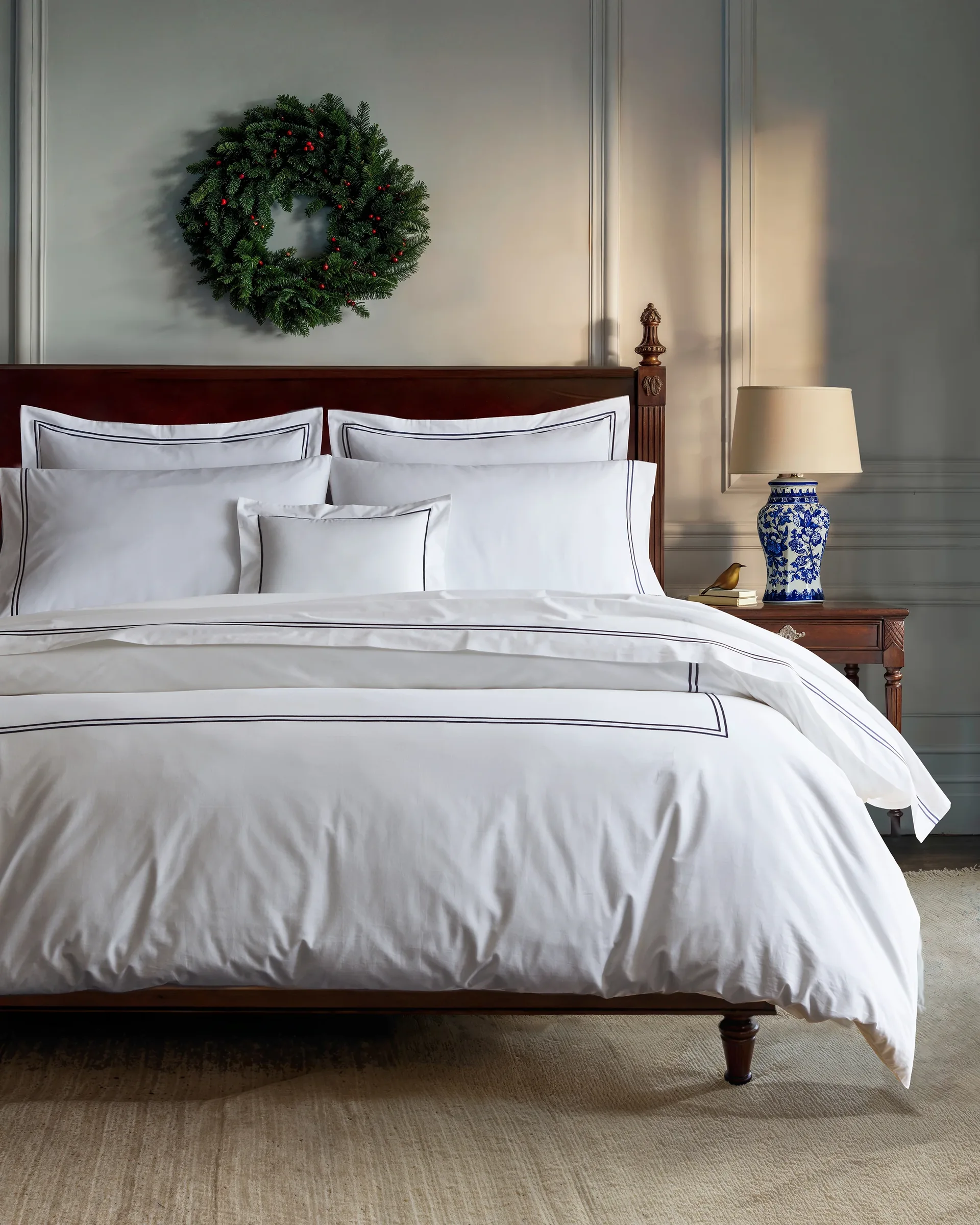 White with Navy Embroidered Border Bedding Set