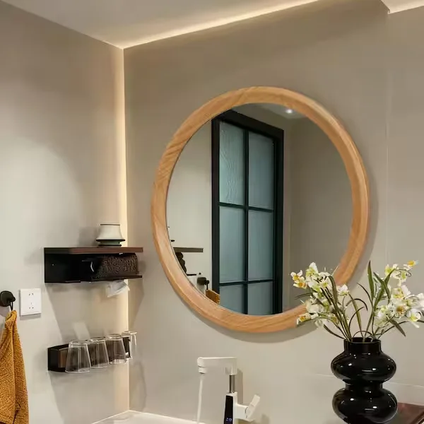 Natural Wood Round Wall Mirror