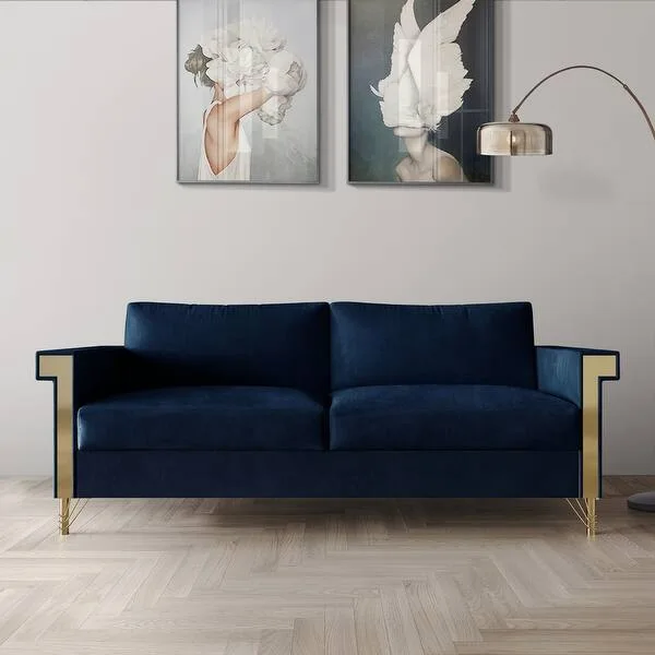 Navy Velvet Sofa with Gold Accents