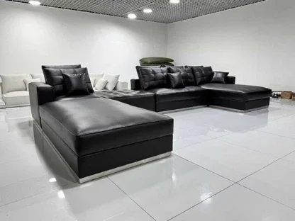 Black Leather U-Shaped Sectional Sofa