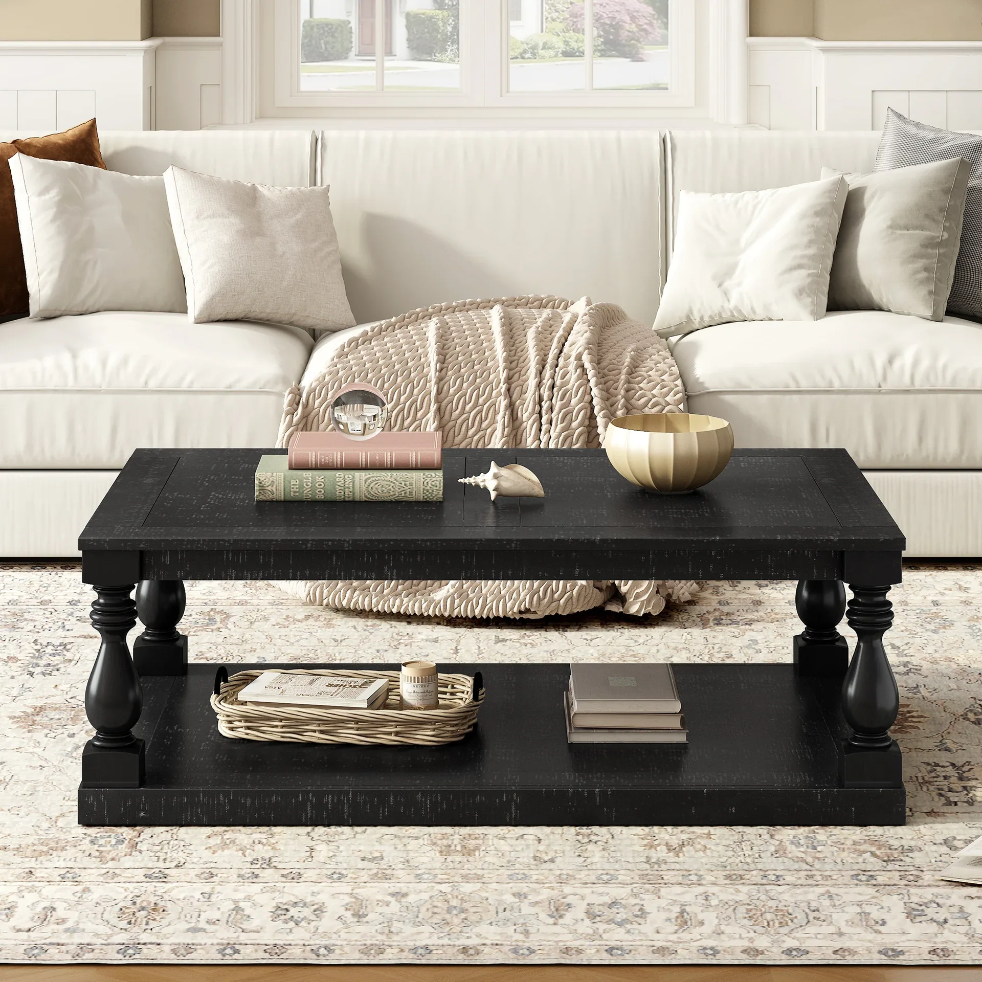 Vintage Coffee Table Center Table with Shelf, Side Table Brown Cocktail Table for Living Room Bedroom