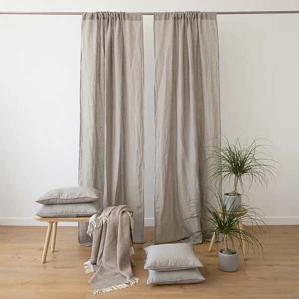 Taupe Stone Washed Rod Pocket Linen Curtain Panel