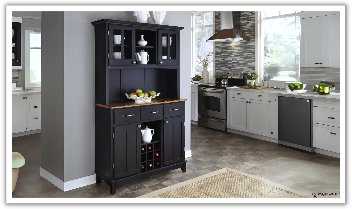 Hampton Black Painted Wood Buffet Hutch