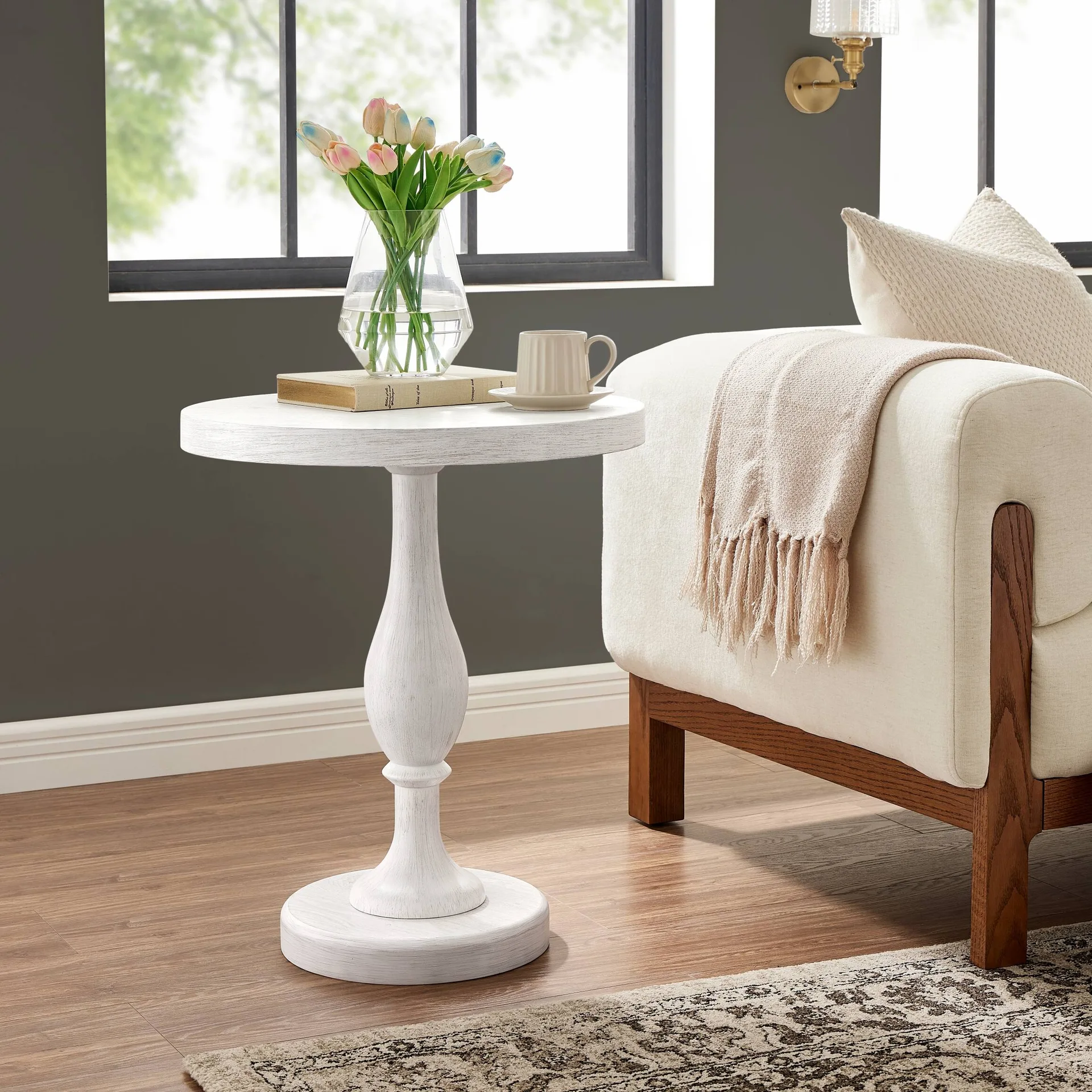 Solmere Round White Wood Pedestal Side Table