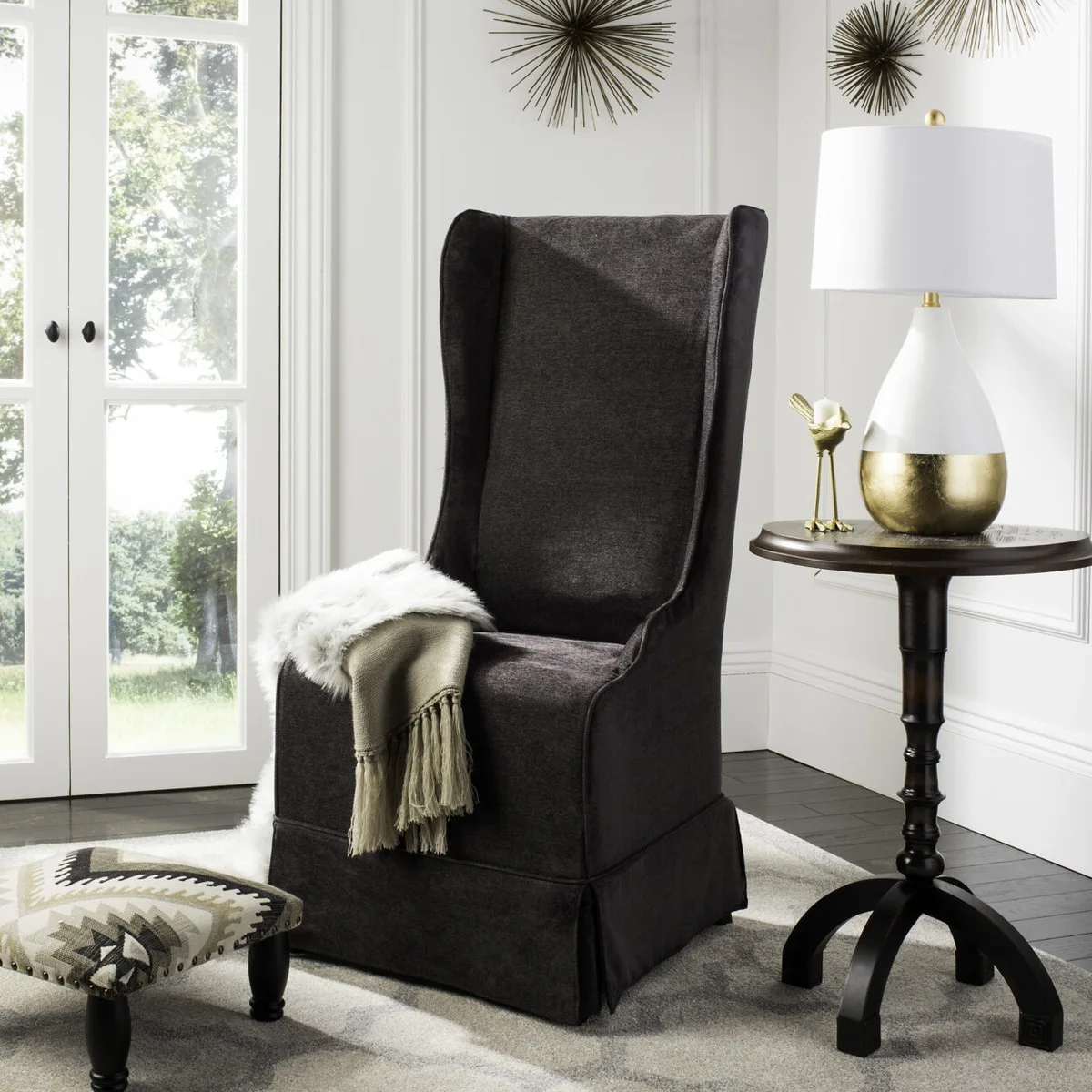 Safavieh Bacall Black Linen Slipcovered Wingback Dining Chair