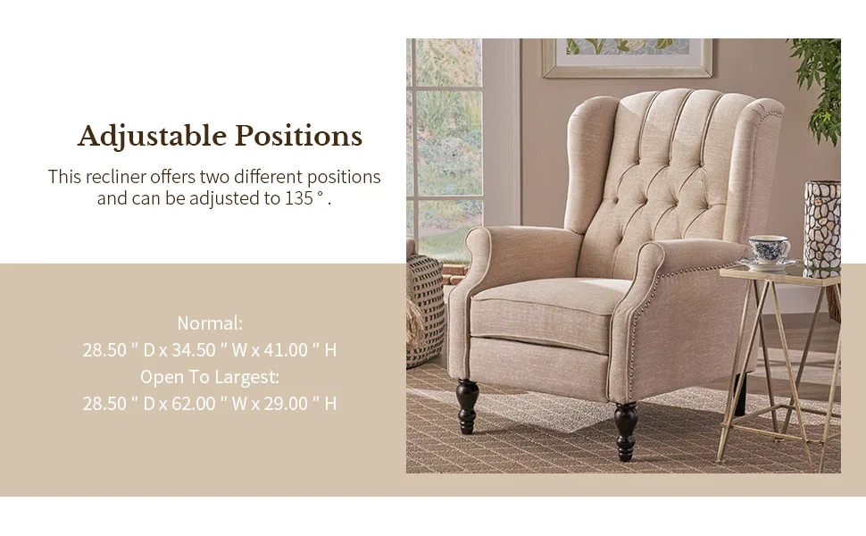 Elizabeth Beige Tufted Wingback Recliner