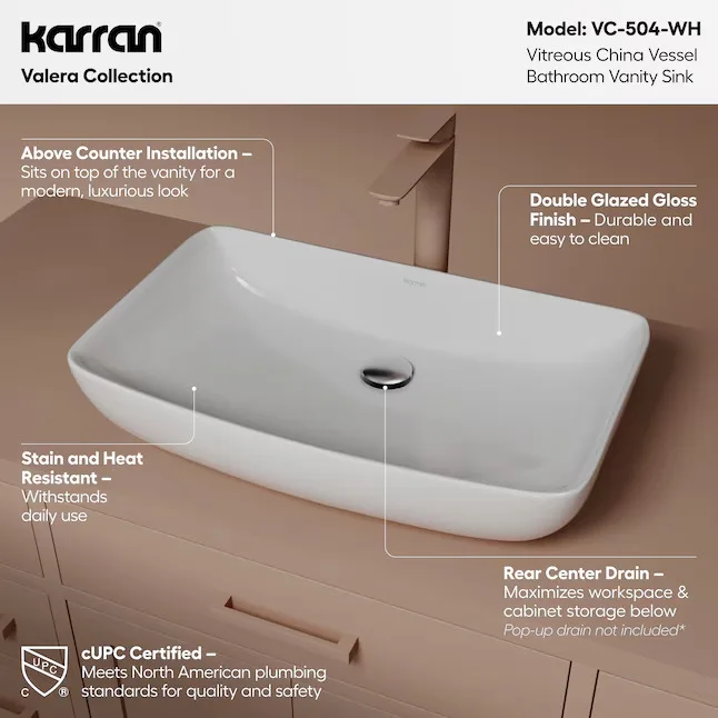 Karran Valera Rectangular White Ceramic Vessel Sink