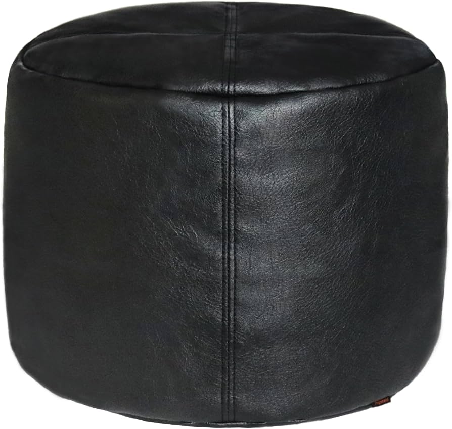 Black Leather Cylindrical Pouf Ottoman