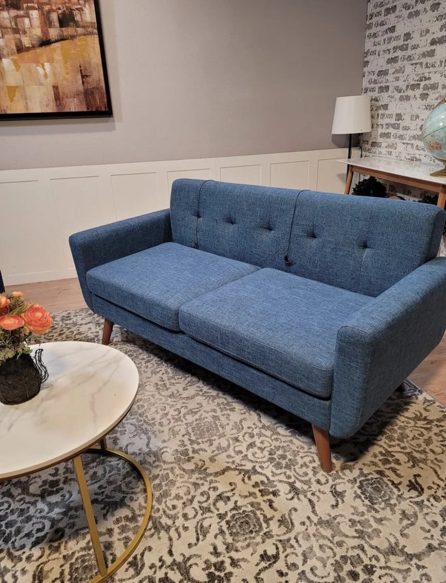 Mid-Century Modern Blue Fabric Sofa