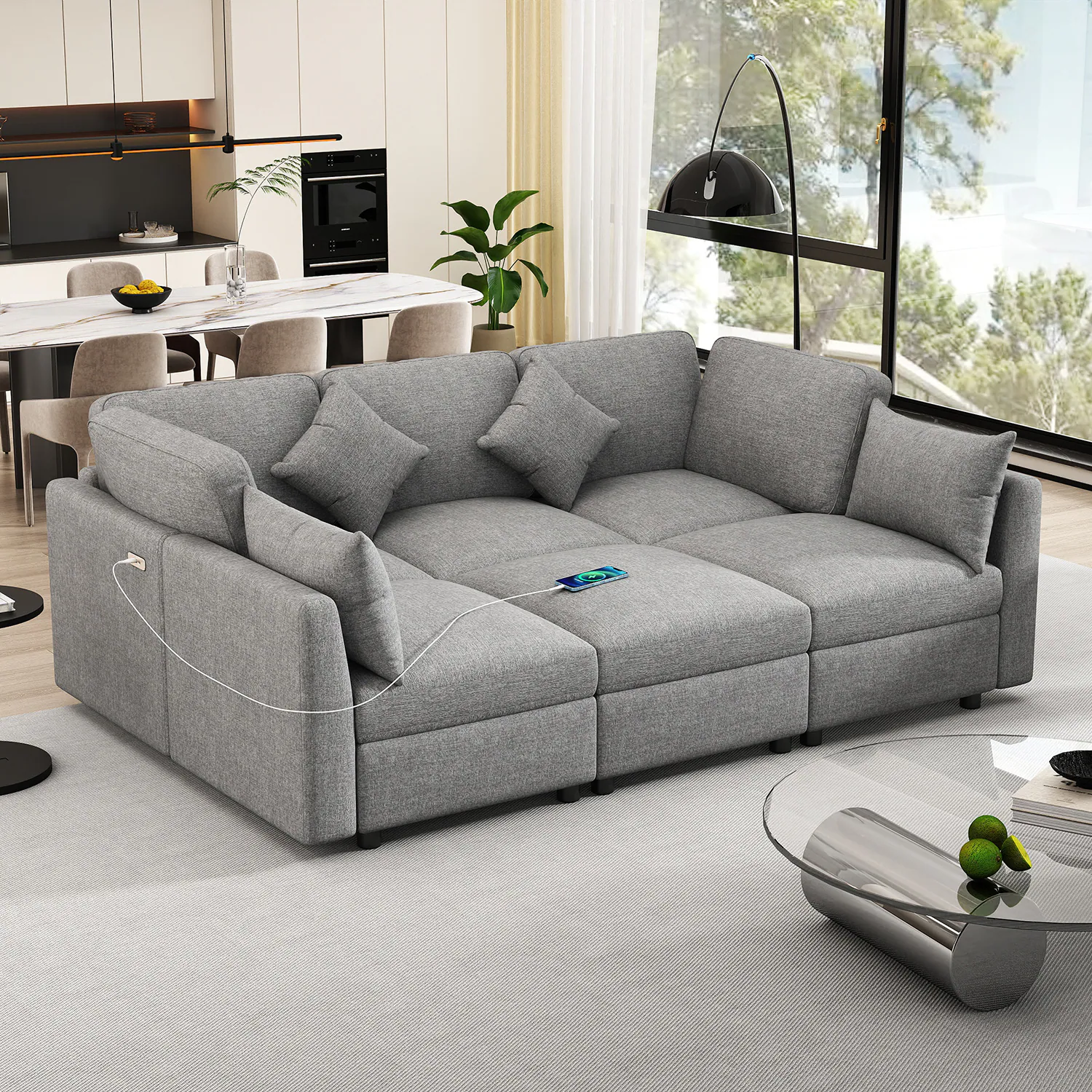 Modern Gray Fabric Sectional Sofa