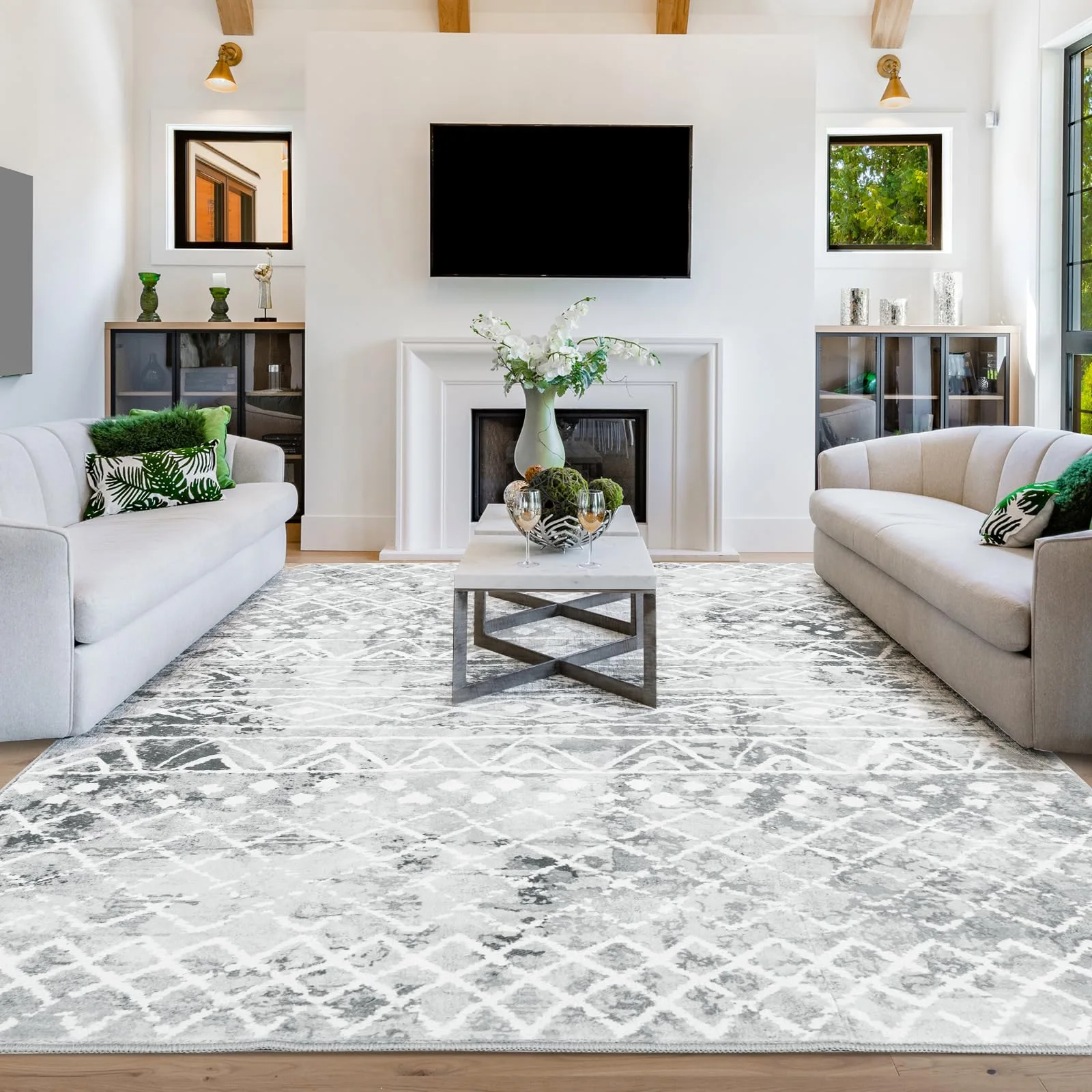 8x10 Washable Geometric Area Rug for Living Room Non Slip Boho Moroccan Bedroom Rug Indoor Farmhouse Floor Mat Soft Low Pile Woven Carpet for Classroom Office Under Dining
