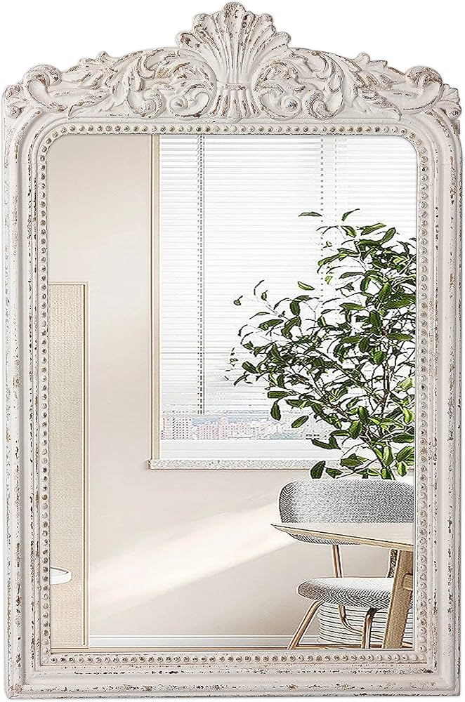 Distressed White Arched Ornate Wall Mirror