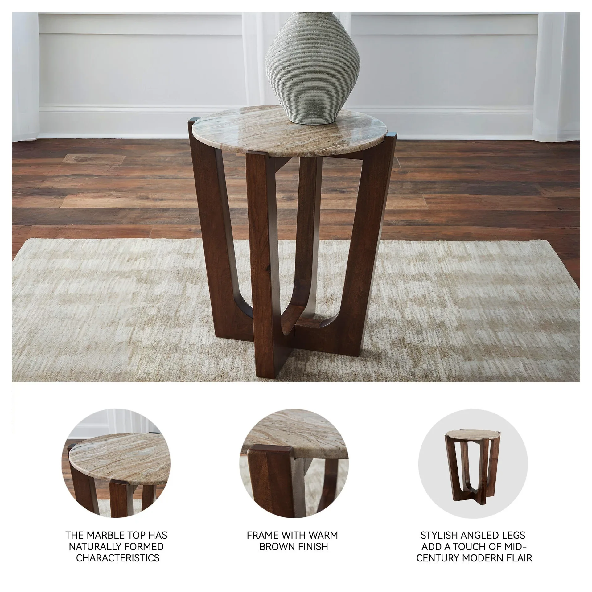 Round Marble and Wooden Side Table