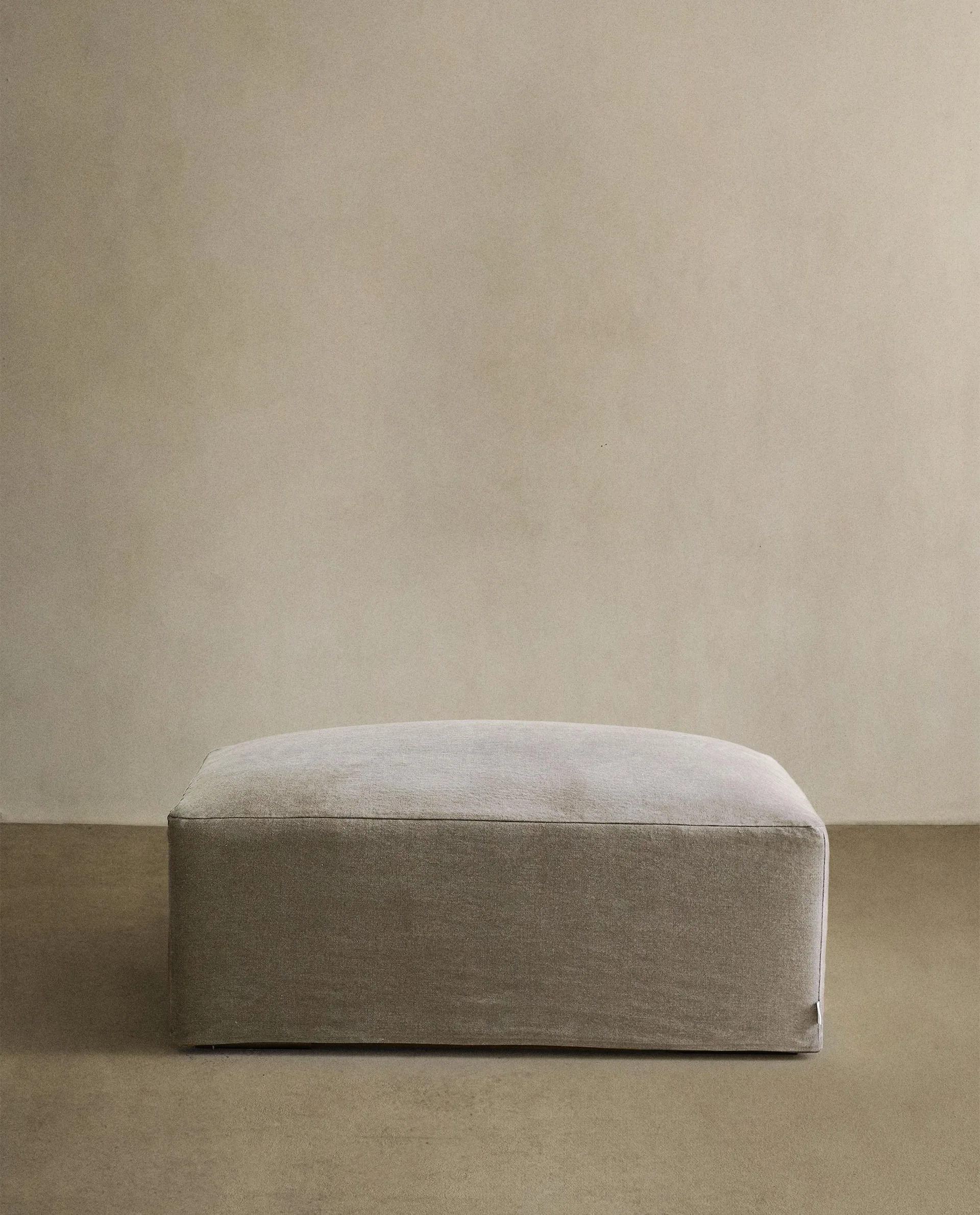 Beige Linen Upholstered Ottoman