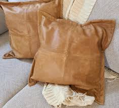 Square Brown Leather Throw Pillow