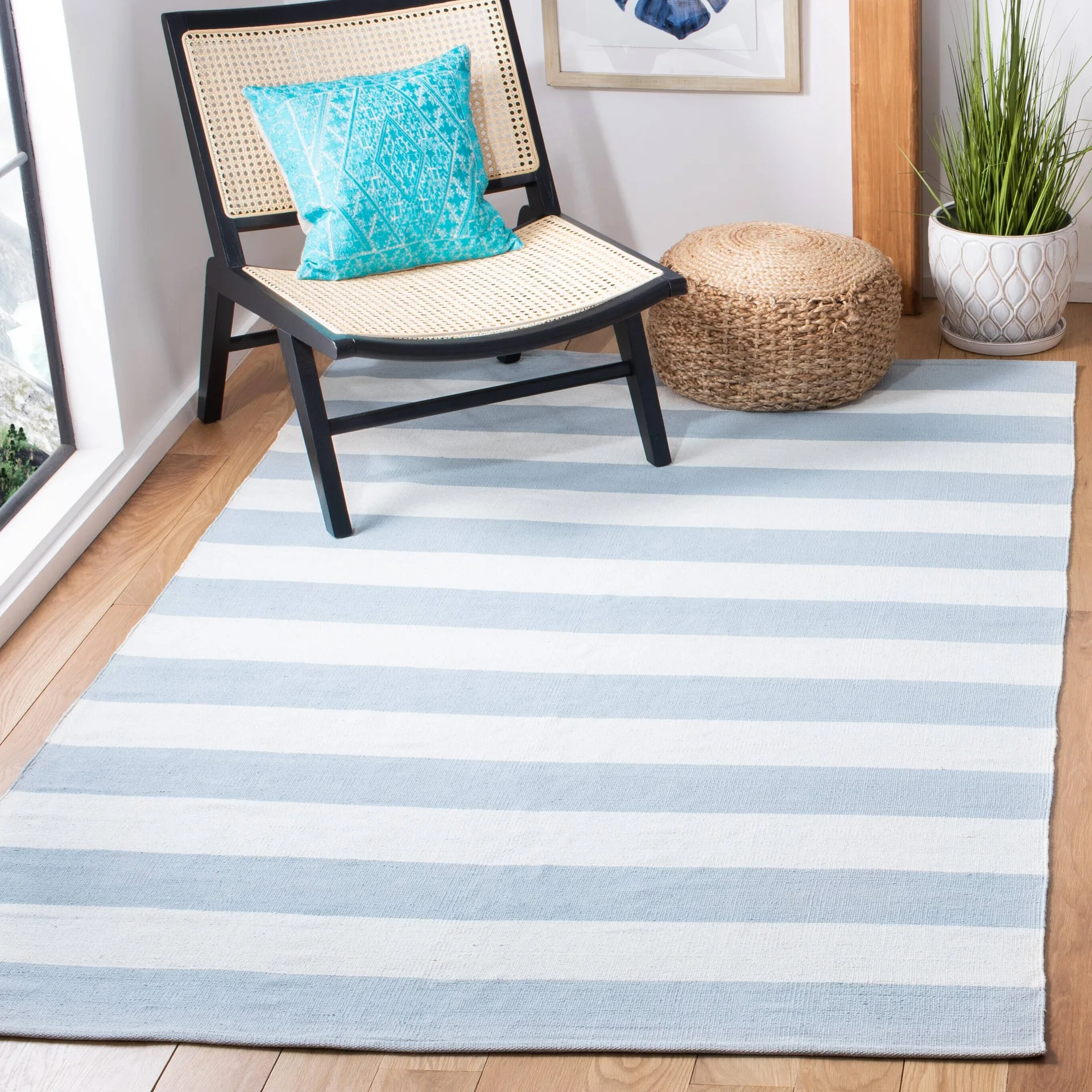 Blue and White Striped Cotton Area Rug