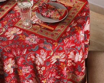 Red Floral Round Cotton Tablecloth