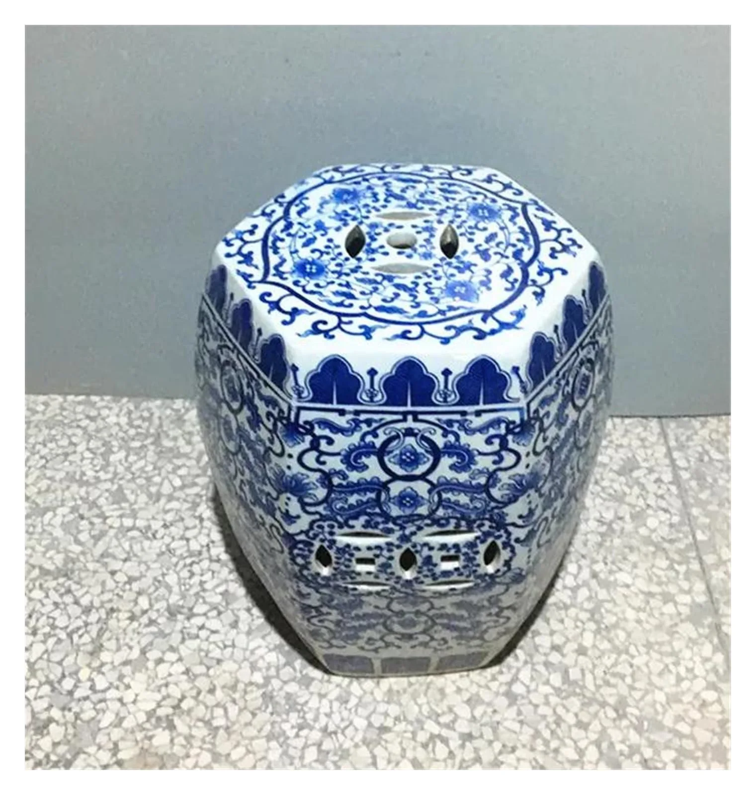 Blue and White Floral Ceramic Garden Stool