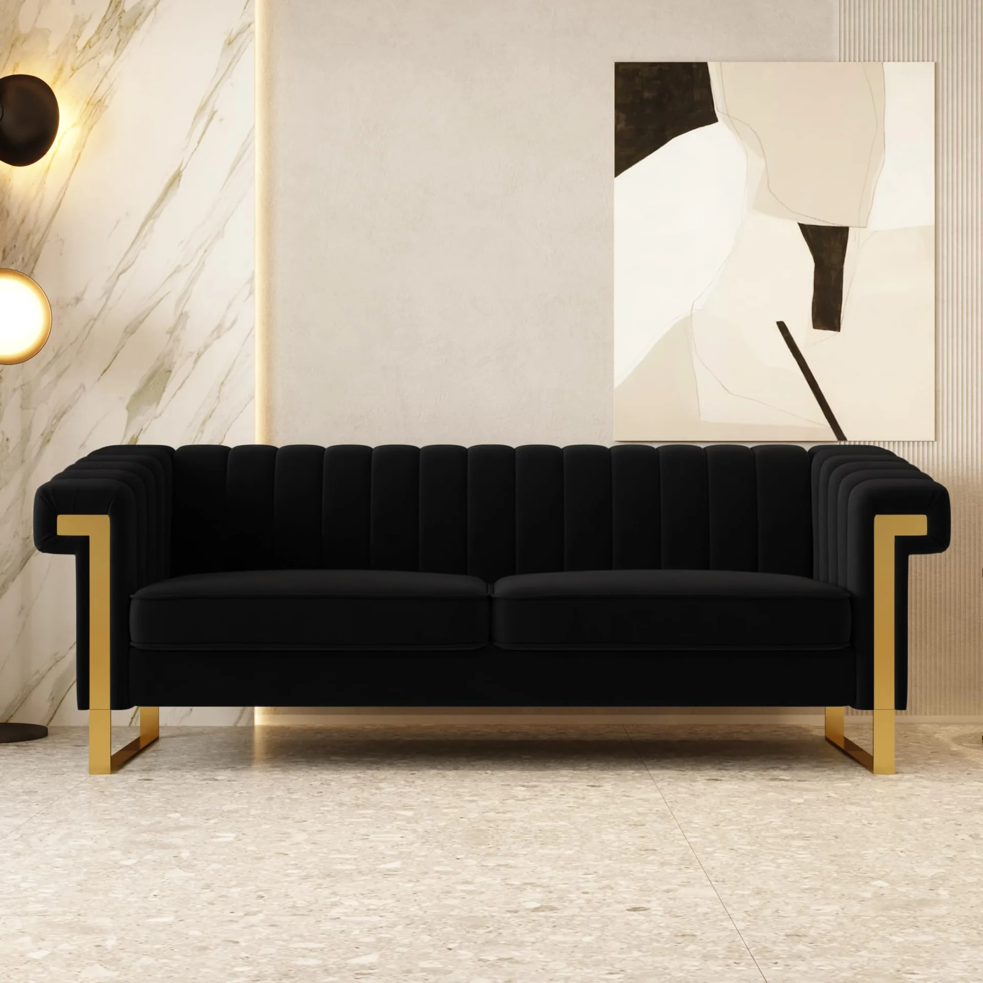 Black Velvet Channel Tufted Sofa