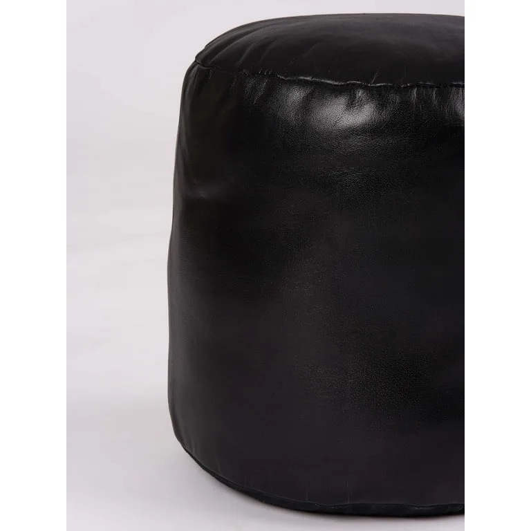 Black Leather Round Pouf Ottoman